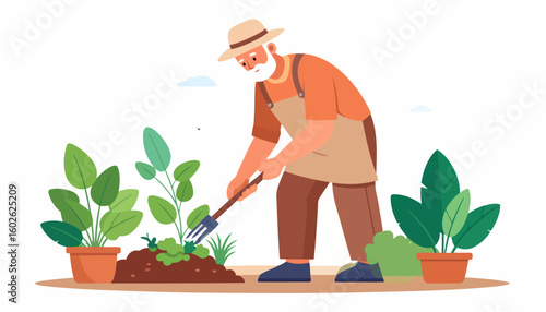 Happy senior man with a white beard wearing a hat and apron, cultivating soil with a garden fork.