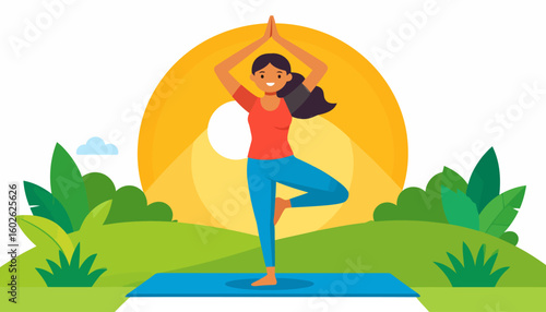 Smiling woman with a dark ponytail in a yoga tree pose, wearing a red shirt and blue leggings.