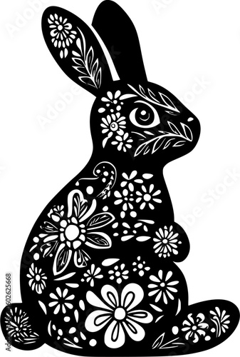 Stylized floral pattern decorates black silhouette of seated rabbit