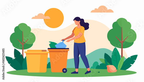 A young woman with dark hair in a yellow shirt throwing a blue trash bag into an orange wheeled bin.
