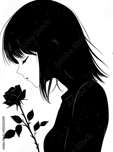 Monochrome anime-style woman holding single rose with stardust effect