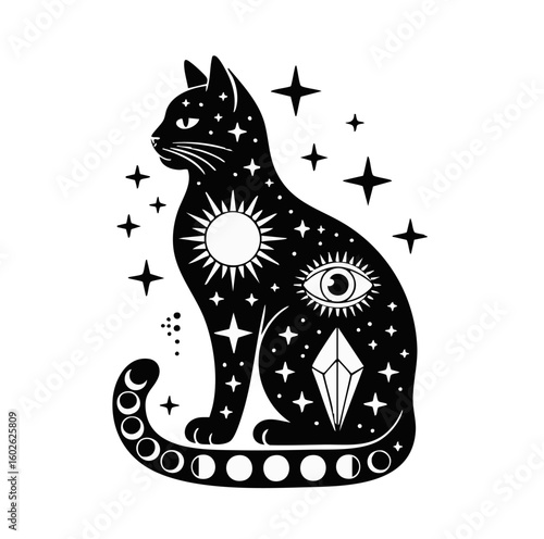 Mystical cat vector art celestial black cat with moon phases, sun, eye, and stars design