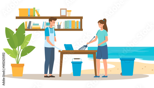 Smiling young couple in casual clothes cleaning an office space together. Man wipes a desk while woman sweeps with a brush. Flat vector illustration.