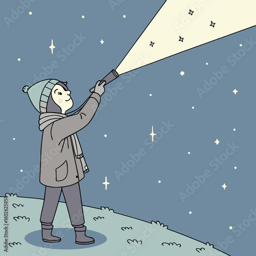 Illustration of a woman with a hat and jacket shining a flashlight at stars in a night landscape scene