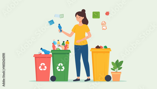 Woman in a yellow t-shirt sorting plastic and paper waste into colorful recycling bins.