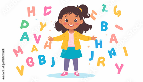 Happy cartoon girl with open arms surrounded by colorful floating alphabet letters.