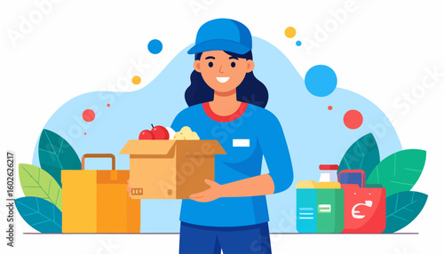Friendly delivery woman in a blue uniform and cap holding a cardboard box with fresh groceries.
