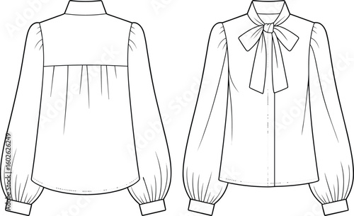 CAD drawing flat vector illustration of puff sleeve blouse, bow neckline, buttoned front design, fashion garment layout, front back sketch viewsCAD drawing flat vector illustration of puff sleeve 