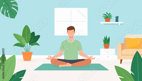 A calm young man with brown hair in a green shirt, meditating in a cross-legged lotus pose with his eyes closed.