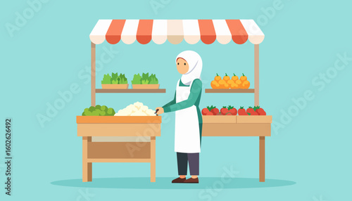 Muslim woman in a white hijab and apron working at a vibrant farmers' market stall.