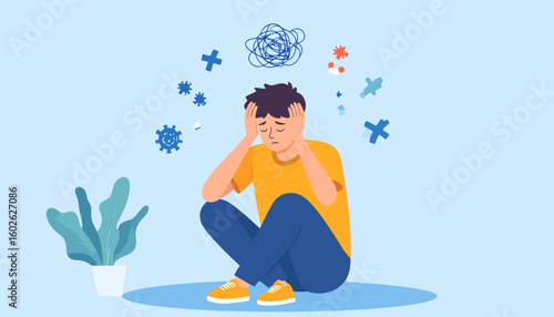Young man sitting on the floor, clutching his head in despair with a cloud of tangled, chaotic thoughts.
