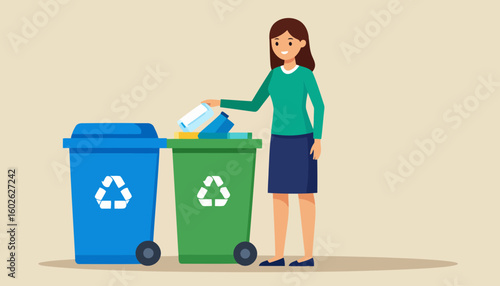 Smiling woman with brown hair sorting trash into blue and green recycling bins.
