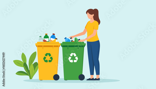 Woman in a yellow shirt sorting plastic waste into green and yellow recycling bins with logos.
