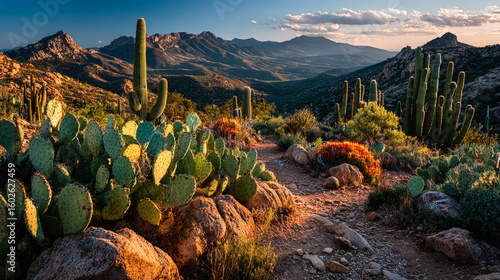 Arizona Desert Landscape Shines. Sunlight warms cacti, mountains, and flowers. Hiking trail. Use for travel, nature, southwestern themes, editorial, or web design.
