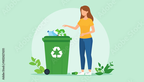Young woman in a yellow shirt and blue jeans recycling plastic bottles into a green bin.