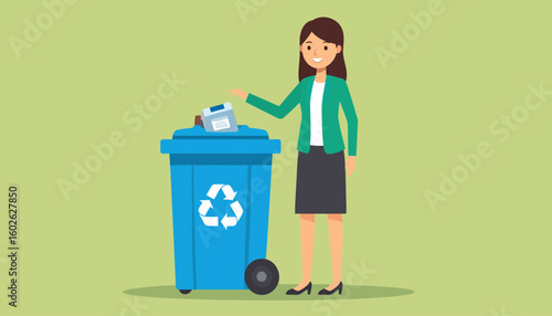 Smiling businesswoman in a green blazer putting a carton into a blue recycling bin with a white symbol.
