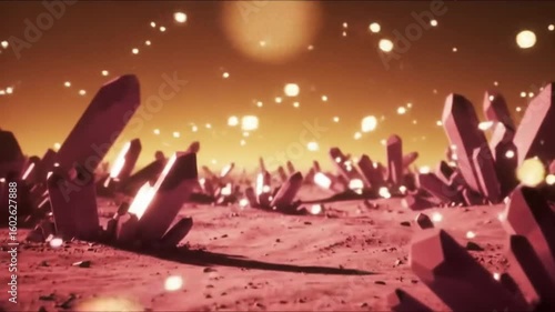 Surreal scene of glowing crystals spread across a desert-like alien surface under a soft golden light, illustrating a magical and extraterrestrial environment.
