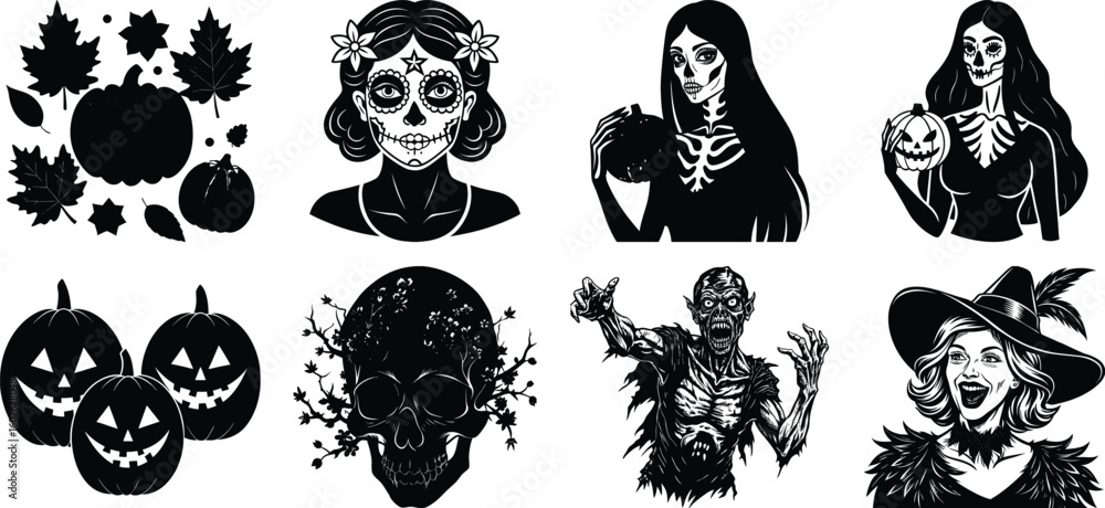 Obraz premium black and white vector illustration of an halloween set