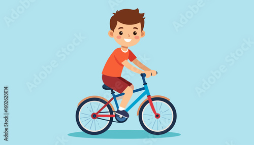 Wallpaper Mural Happy cartoon boy with brown hair in an orange shirt riding a colorful blue and red bicycle. Torontodigital.ca