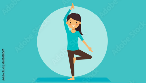 Happy cartoon woman with a ponytail in a teal shirt practicing the yoga Tree Pose.