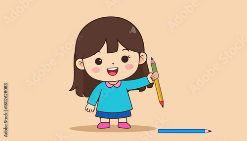 Cute cartoon girl with brown hair and rosy cheeks holding a large, double-sided colored pencil.