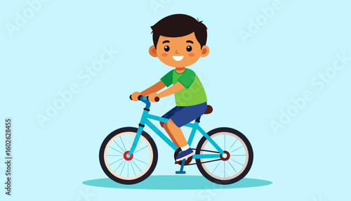 Cheerful cartoon boy with black hair riding a light blue bicycle with a happy smile.