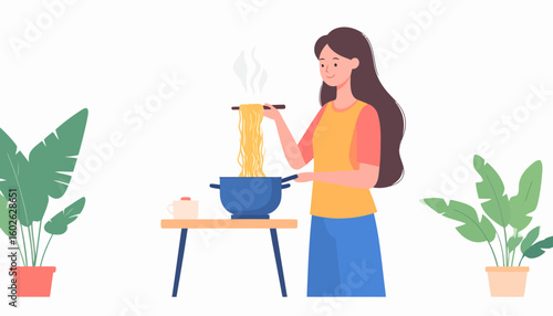 Happy woman with long brown hair cooking steaming noodles in a blue pot with chopsticks.