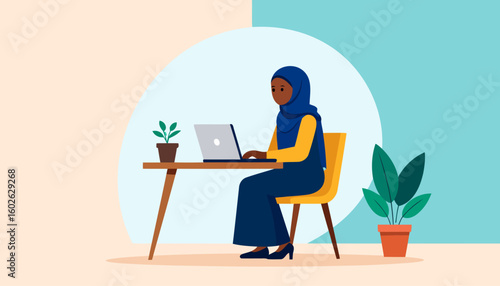 A modern Muslim woman in a blue hijab and yellow top, sitting at a desk and working on her laptop.