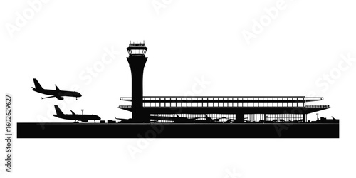 Modern airport terminal with control tower and airplanes silhouette vector illustration