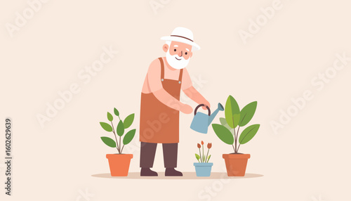 Smiling senior gardener in an apron and hat, tending to houseplants with a blue watering can.