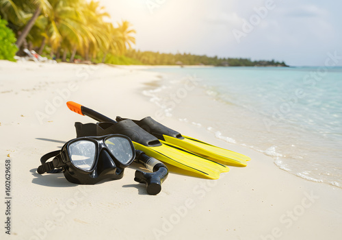 Snorkeling gear on sandy beach with blue ocean and sunlight