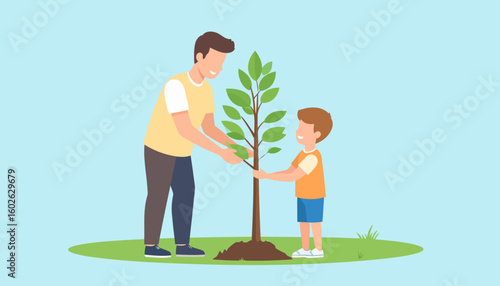 Smiling father and son planting a young green sapling together in a flat vector illustration.