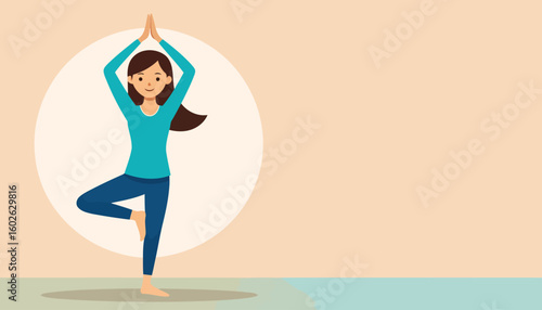 Flat vector illustration of a woman in blue leggings doing the Vrikshasana yoga pose with a serene expression.