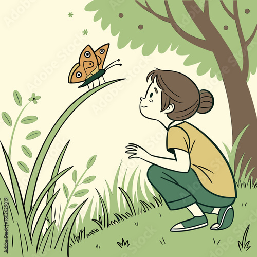 A girl looking at a butterfly on a blade of grass under a tree in a field with flowers and grass around her