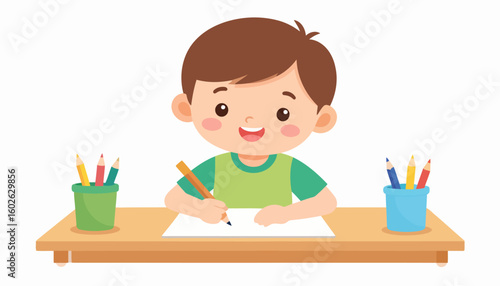 Illustrated happy boy in a green shirt drawing with an orange pencil at a desk.