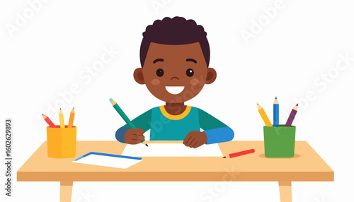 Happy young Black boy with curly hair smiling while drawing with colored pencils at a wooden desk.