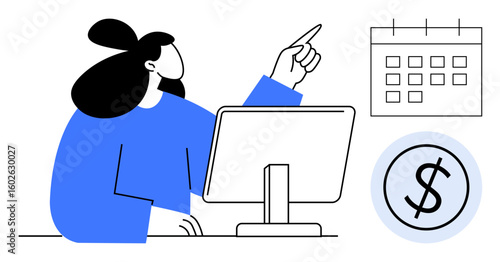 Female worker pointing at monitor, planning tasks, calendar and dollar coin. Ideal for productivity, finance, budgeting, goal setting, organization time management workflow visualization. Simple