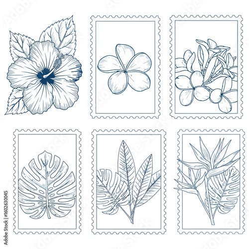 Six blue line art tropical floral and leaf postage stamps flower