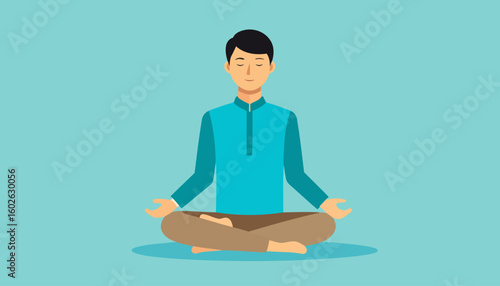 Young man with black hair in a blue shirt meditating peacefully in a cross-legged lotus pose.