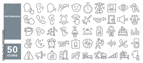 Set of 50 line icons related to disturbance, don't disturb, silence, bell, loud, noise, Editable stroke. Vector illustration