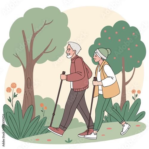 Elderly couple nordic walking in a park with trees and flowers enjoying outdoor activity together happily