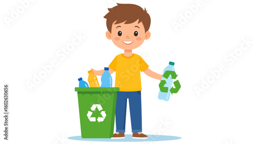 Cheerful cartoon boy in a yellow shirt sorting plastic bottles for recycling into a green bin.