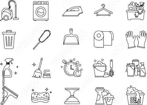 Cleaning tools icon set, household chore vector collection, personal care and hygiene graphics, laundry and sanitizing equipment illustrations for web, apps, packaging, and tutorial design