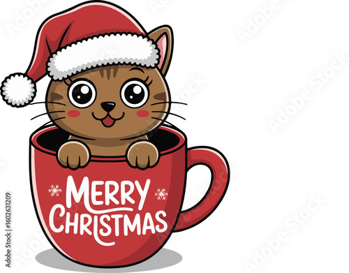 An adorable Christmas kitten peeking happily from a festive "Merry Christmas" mug.