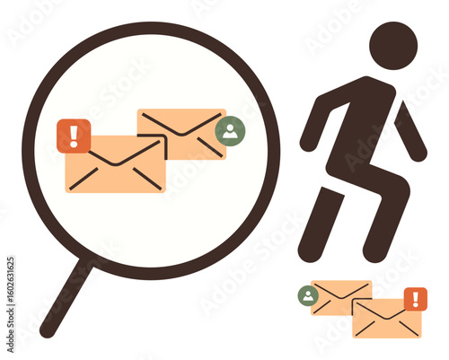 Magnifying glass focusing on urgent email notifications with icons and a figurative stick-figure running away. Ideal for communication, urgency, investigation, analysis, alerts, productivity, risk