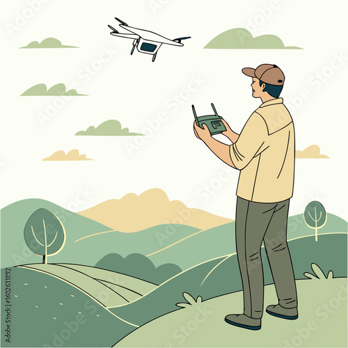 A man flying a drone in a scenic landscape with rolling hills and scattered clouds in the sky outdoors