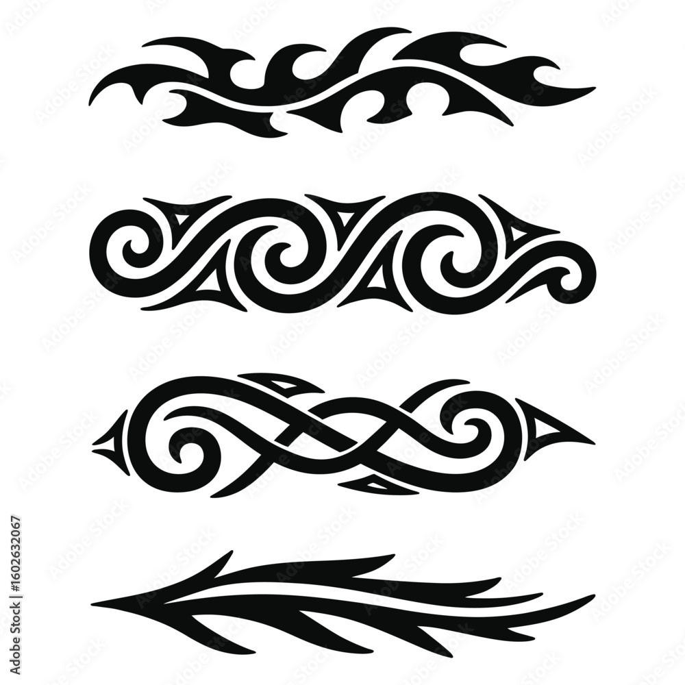 Fototapeta premium Collection of four decorative ornamental swirls borders, flourishes and dividers ornate tribal elements in black on white background