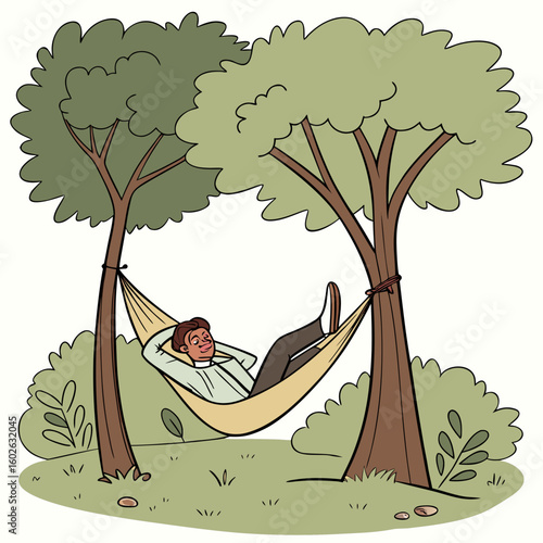 Man relaxing in a hammock strung between two trees in a park with green bushes and grass around him