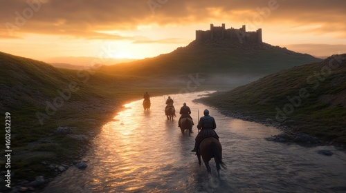Medieval horseback riders at sunset approaching castle river landscape