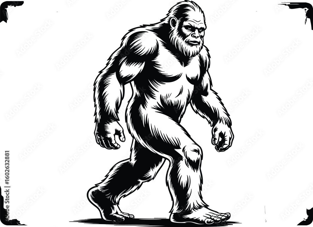 Obraz premium Bigfoot Silhouette Vector in Forest Landscape, Sasquatch Clipart Design – Mythical Creature Illustration, Forest Monster Bigfoot SVG – Outdoor Adventure Design, Retro Bigfoot Design – Mountain Camping